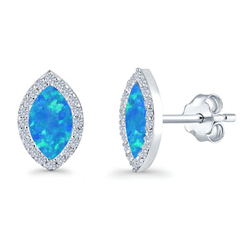 Halo Marquise Stud Earrings Lab Created Blue Opal 925 Sterling Silver (14mm)